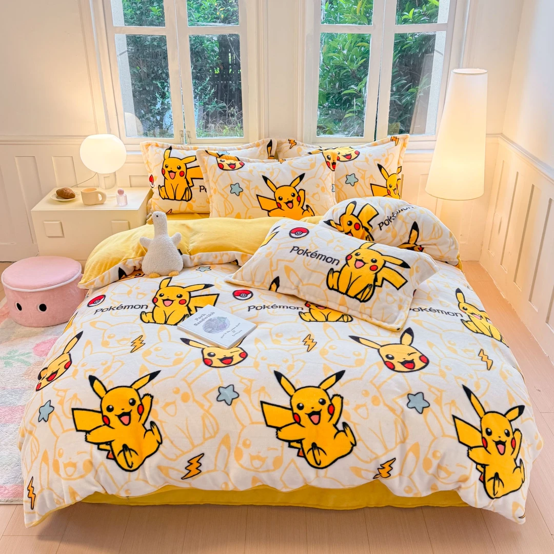 卡通皮卡丘A类超柔牛奶绒秋冬双面加厚三件套四件套
