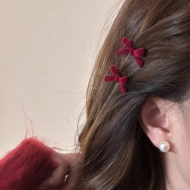 红色丝绒蝴蝶结发夹女可爱公主头刘海侧边夹前额新款鸭嘴夹子头饰