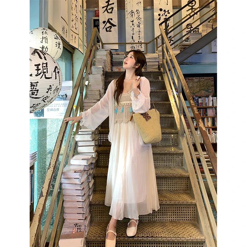 气质流苏针织背心春秋防晒衬衫小个子半身裙女时尚2023新款三件套