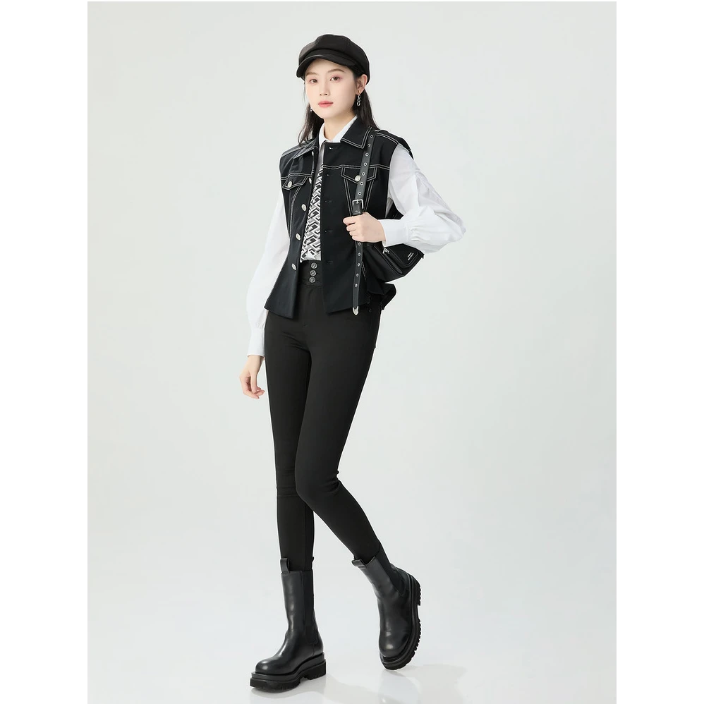 哥弟高腰三排扣设计速干黑色弹力显瘦健身修身女士牛仔裤1100520