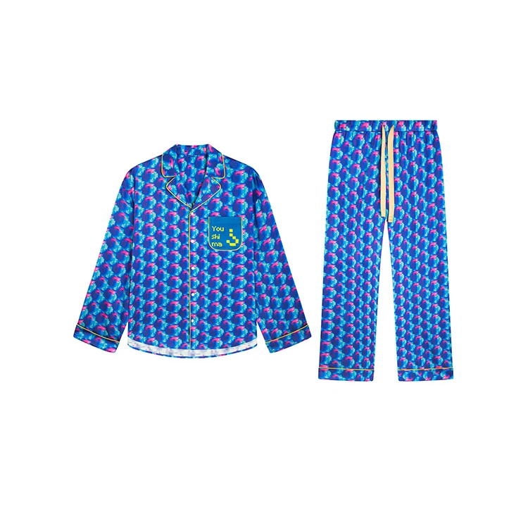 男女同款时尚蓝色长袖长裤丝滑居家外穿套装印花休闲春秋春夏