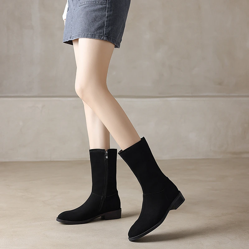 秋冬新款平底磨砂中筒靴复古西部牛仔骑士靴低跟绒面牛皮靴子保暖