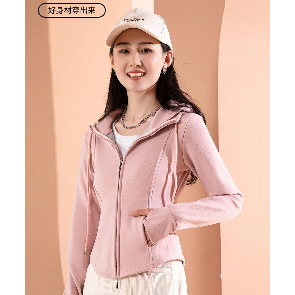 运动户外鱼骨收腰显瘦短款双拉链连帽卫衣外套女春秋休闲上衣开衫
