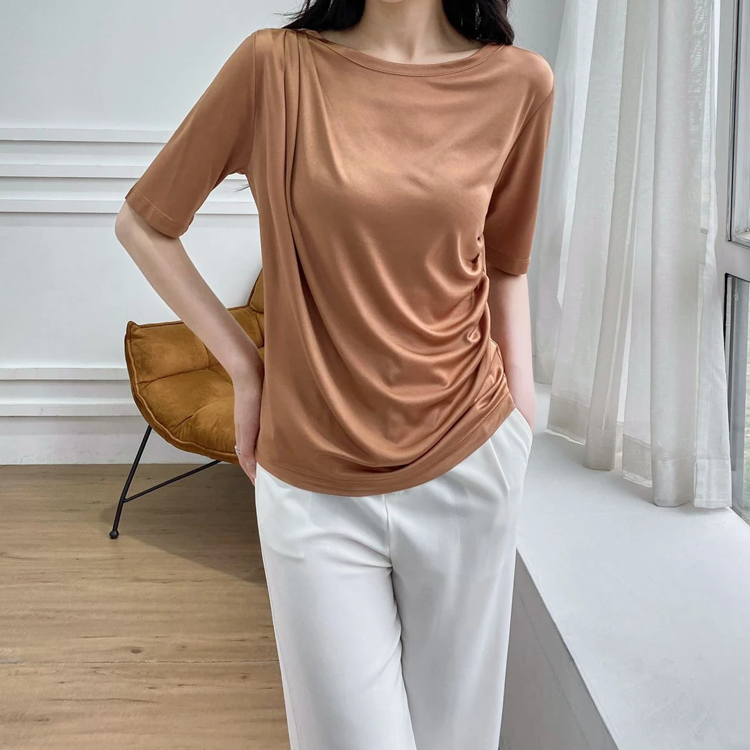 韩国进口三醋酸夏不规则褶皱纯色百搭T恤凉爽显瘦气质时尚设计款