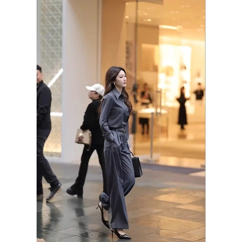韩系轻奢欧货漂亮时尚气质干练职业显瘦长袖衬衫高腰阔腿裤两件套