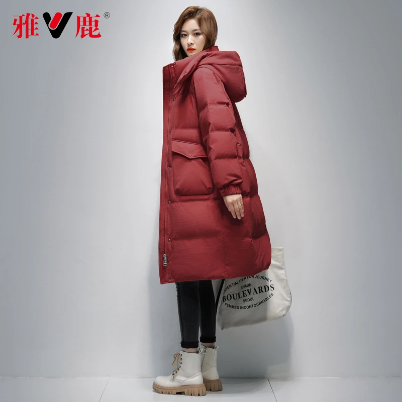 【雅鹿玉凡】品牌羽绒服时尚连帽长款过膝加厚保暖冬季休闲女士宽松