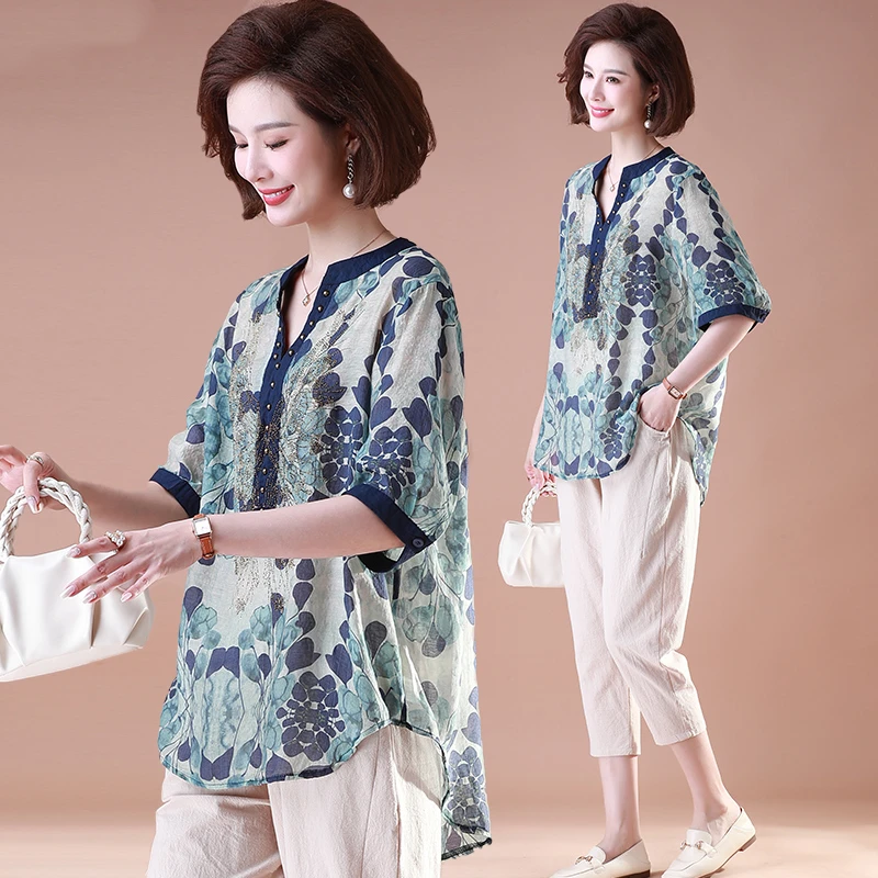 2024洋气夏季夏装中老年人薄款中年遮肚印花宽松女装大码时尚气质