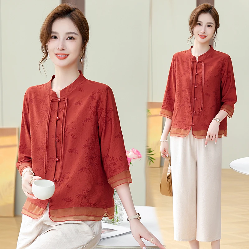妈妈夏装国风上衣裤子2025新款洋气中老年女装宽松小衫母亲节衣服