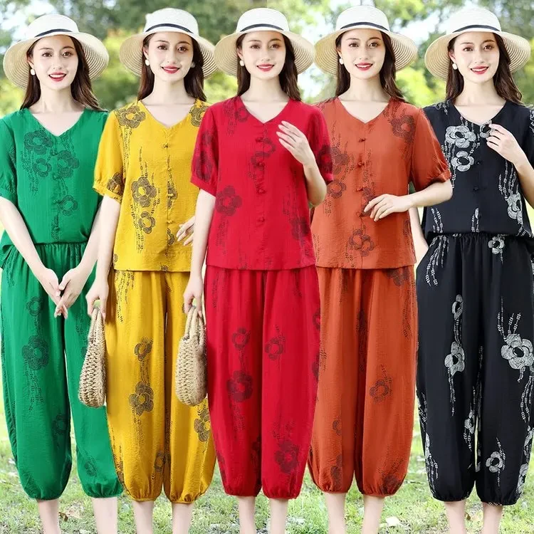 2025新款短袖套装中年女时尚洋气上衣+裤子两件套