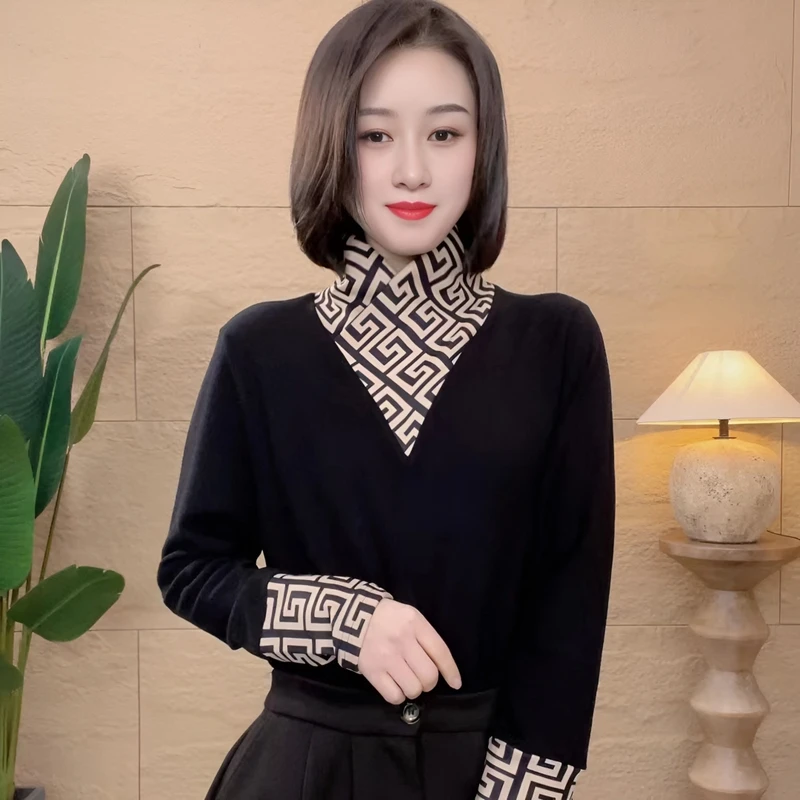 【专柜正品 时尚百搭】秋季新款半高领拼接假两件保暖加绒打底衫t恤