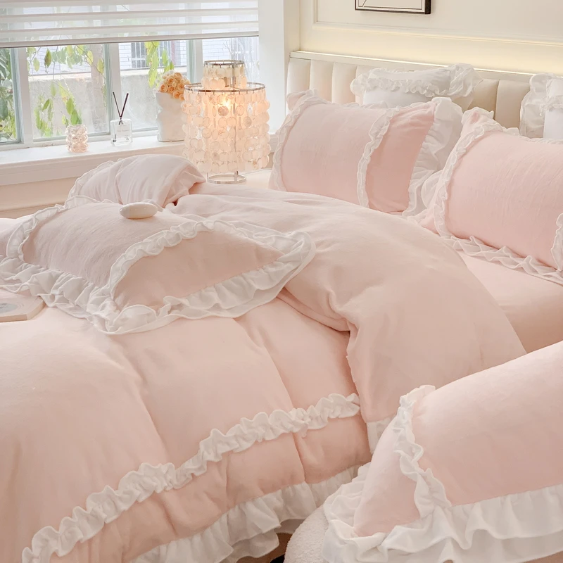 2024秋冬新品加厚保暖唯美公主风木耳花边纯色洛丽塔牛奶绒四件套