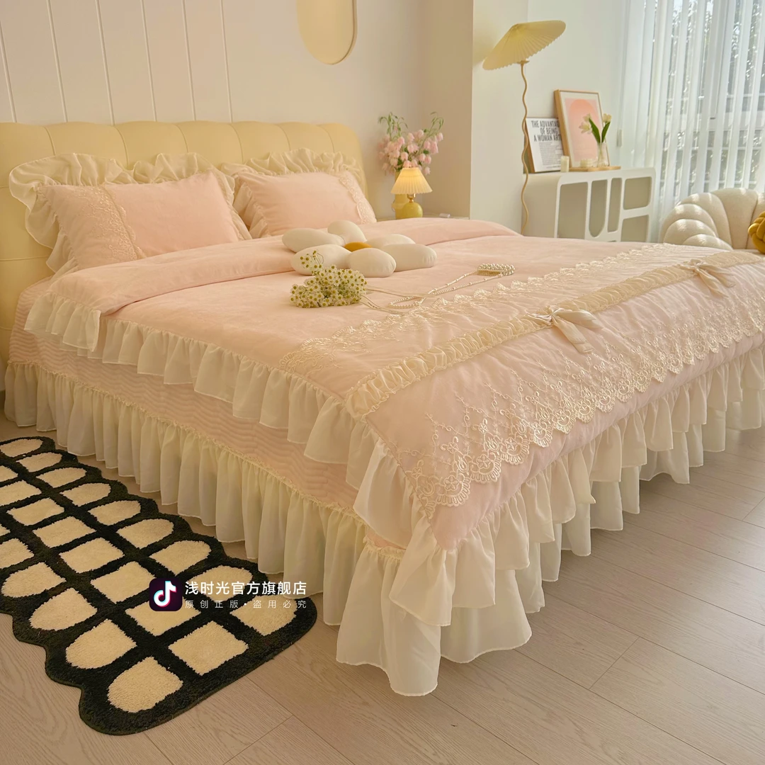 浅时光秋冬季加厚保暖牛奶绒床盖四件套绗缝夹棉雕花绒床盖2号