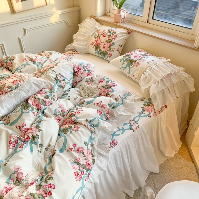 春夏季新品韩版荷叶花边纯棉床裙款四件套全棉公主风床上用三件套