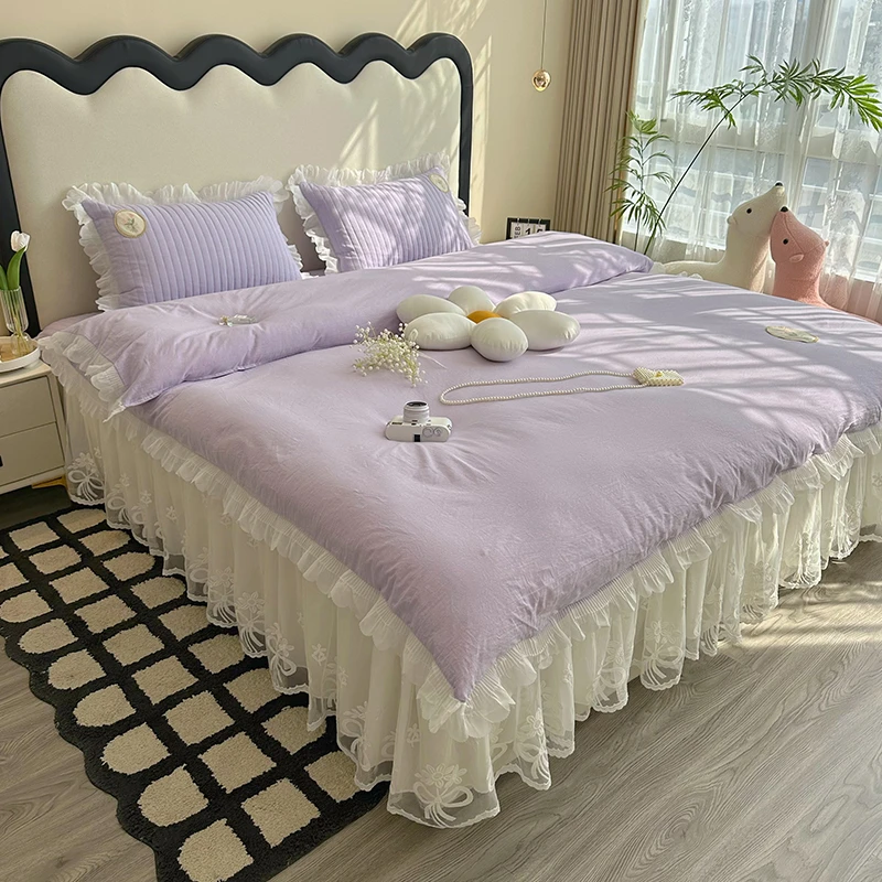 新款蕾丝刺绣床裙款花边公主风韩版加厚全棉纯棉纯色四件套三件套