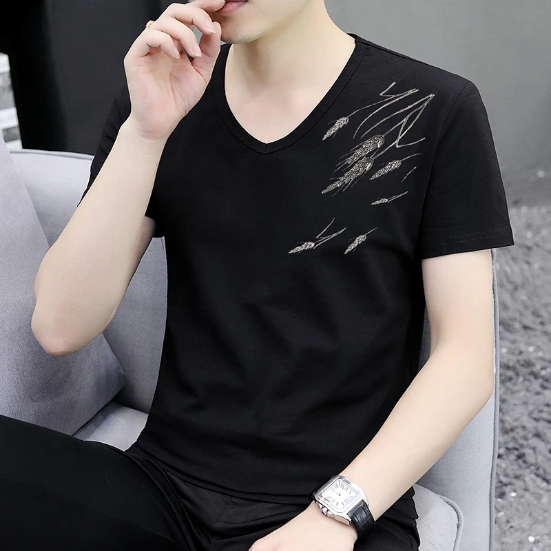 男装2025新款男士t恤短袖纯棉v鸡心领上衣服半袖青年潮流时尚丅恤