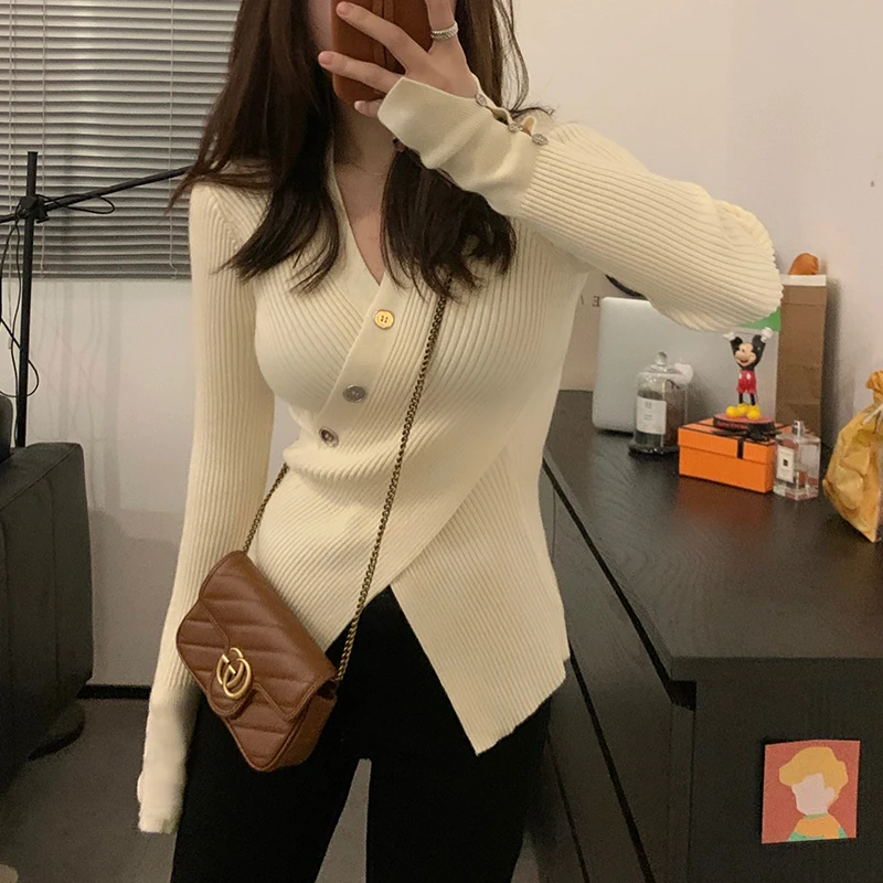 纯欲又显瘦 V领毛衣交叉A4腰修身开叉套头针织长袖内搭上衣开衫