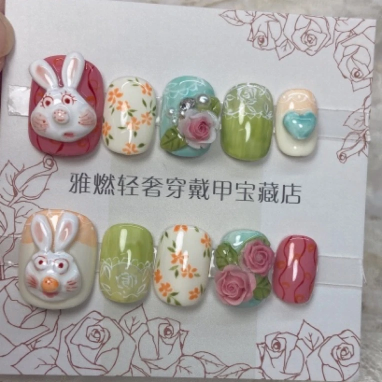 雅燃【陶瓷玫瑰兔子】纯手工穿戴甲，优品立体定制类穿戴甲不退换哦