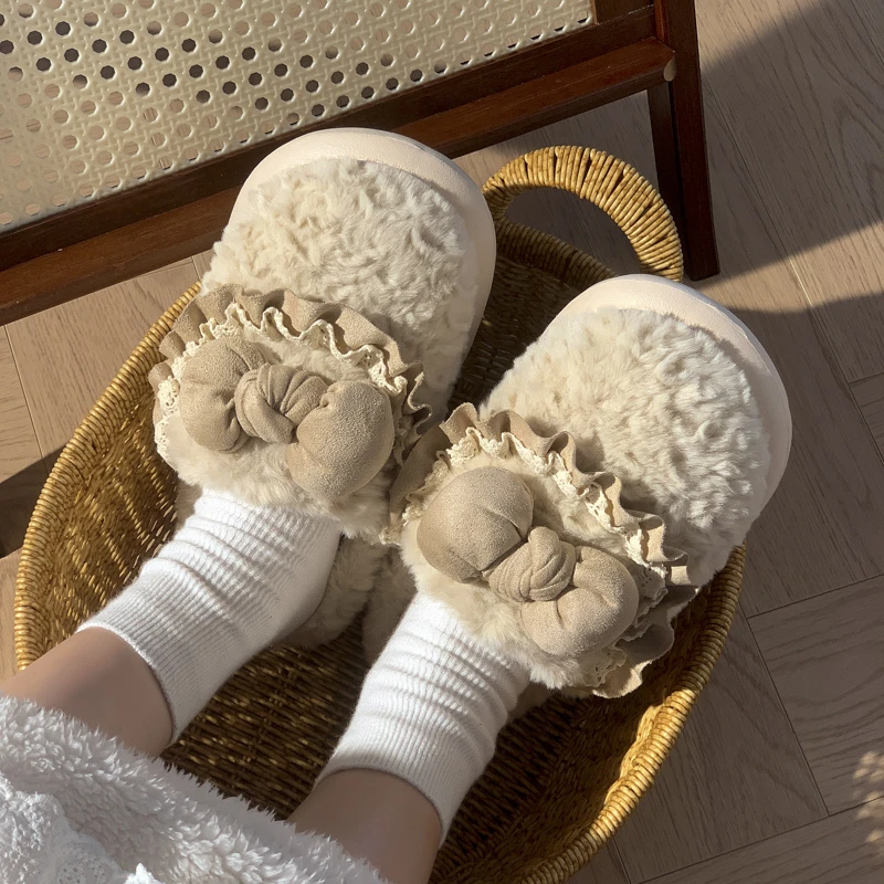 防滑居家用时尚棉拖鞋高颜值女外穿厚底蝴蝶结秋冬款加绒蕾丝花边