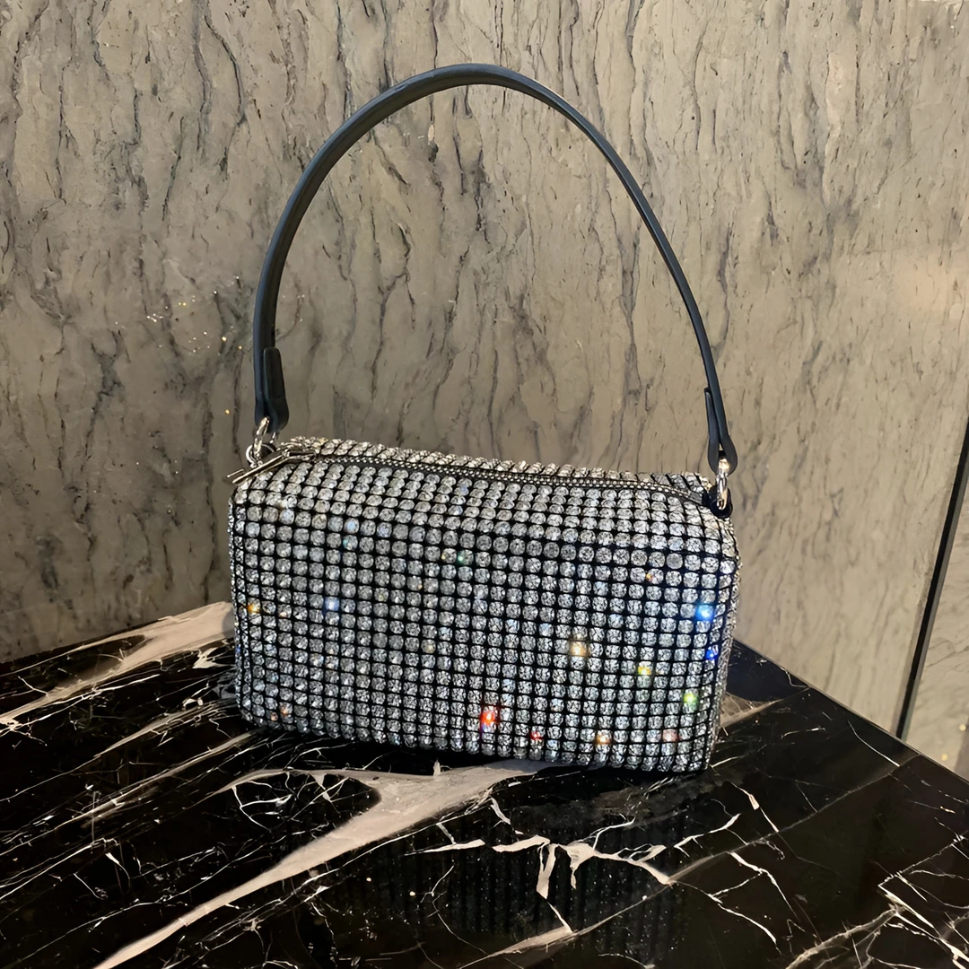 【822】气质小众编织时尚单肩包百搭斜挎满钻包腋下包镶钻晚宴包