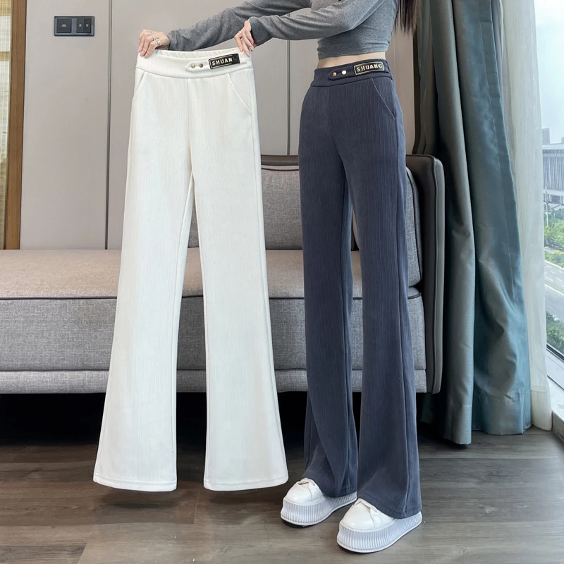 雪尼尔喇叭裤女秋冬季新款灯芯绒加绒裤子窄版微喇裤休闲直筒女裤