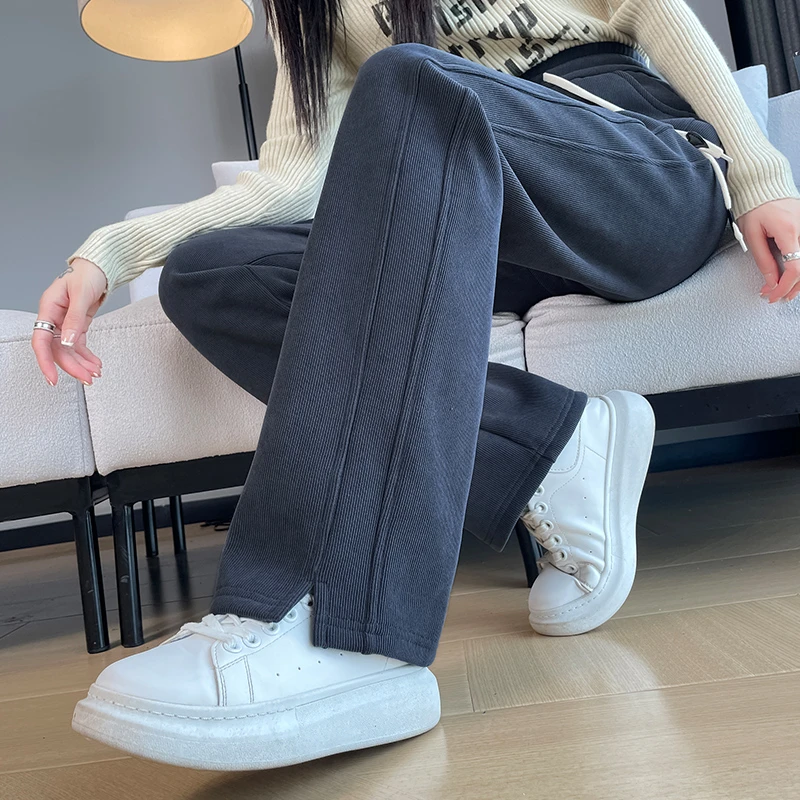 窄版阔腿裤女春秋雪尼尔小个子加厚女裤外穿秋冬加绒休闲直筒裤子