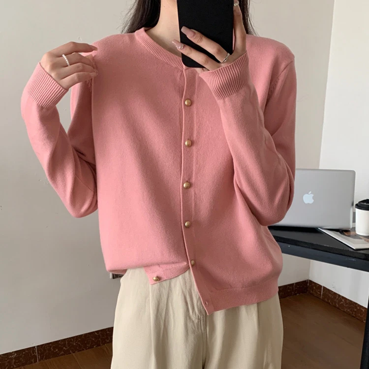 温柔的风 韩版简约纯色针织衫开衫女春秋百搭毛线外套宽松圆领