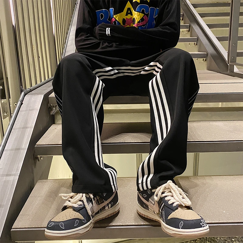 春季裤子男美式高街宽松直筒裤学生条纹阔腿运动卫裤男生休闲长裤