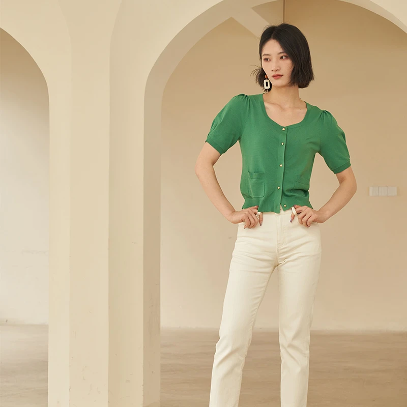 hiuoya【夏装福利】气质时尚针织衫夏季小众女士短袖上衣23273123