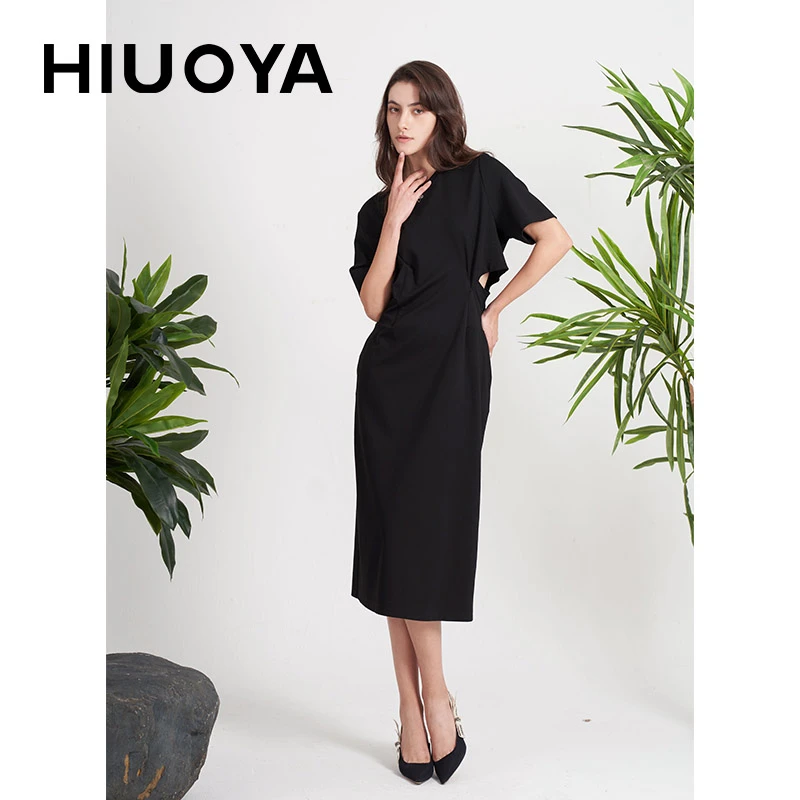 hiuoya【夏季新品】休闲百搭黑色圆领中长款连衣裙女士24271146