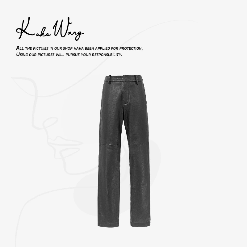 KOKO WANG"法棍皮裤"弹力羊皮九分烟管小直筒皮裤030684A10P41