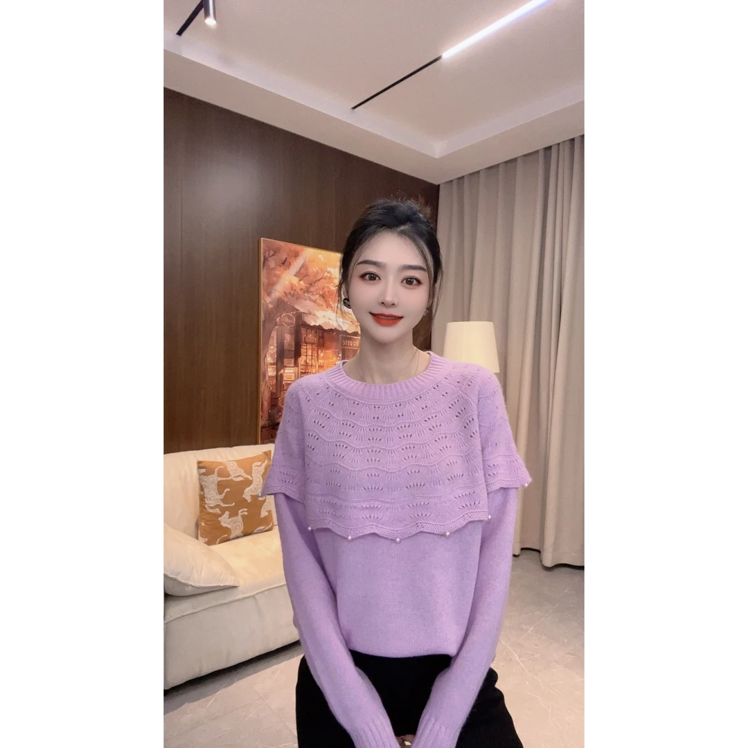 MRFEITO【星芒微甜】百搭镂空花边套头休闲针织上衣H1092M01D29369