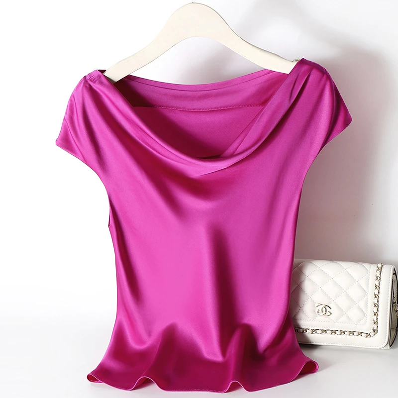 优雅淑女~进口缎面醋酸堆堆荡领上衣立裁修身短袖纯色T恤女夏#581