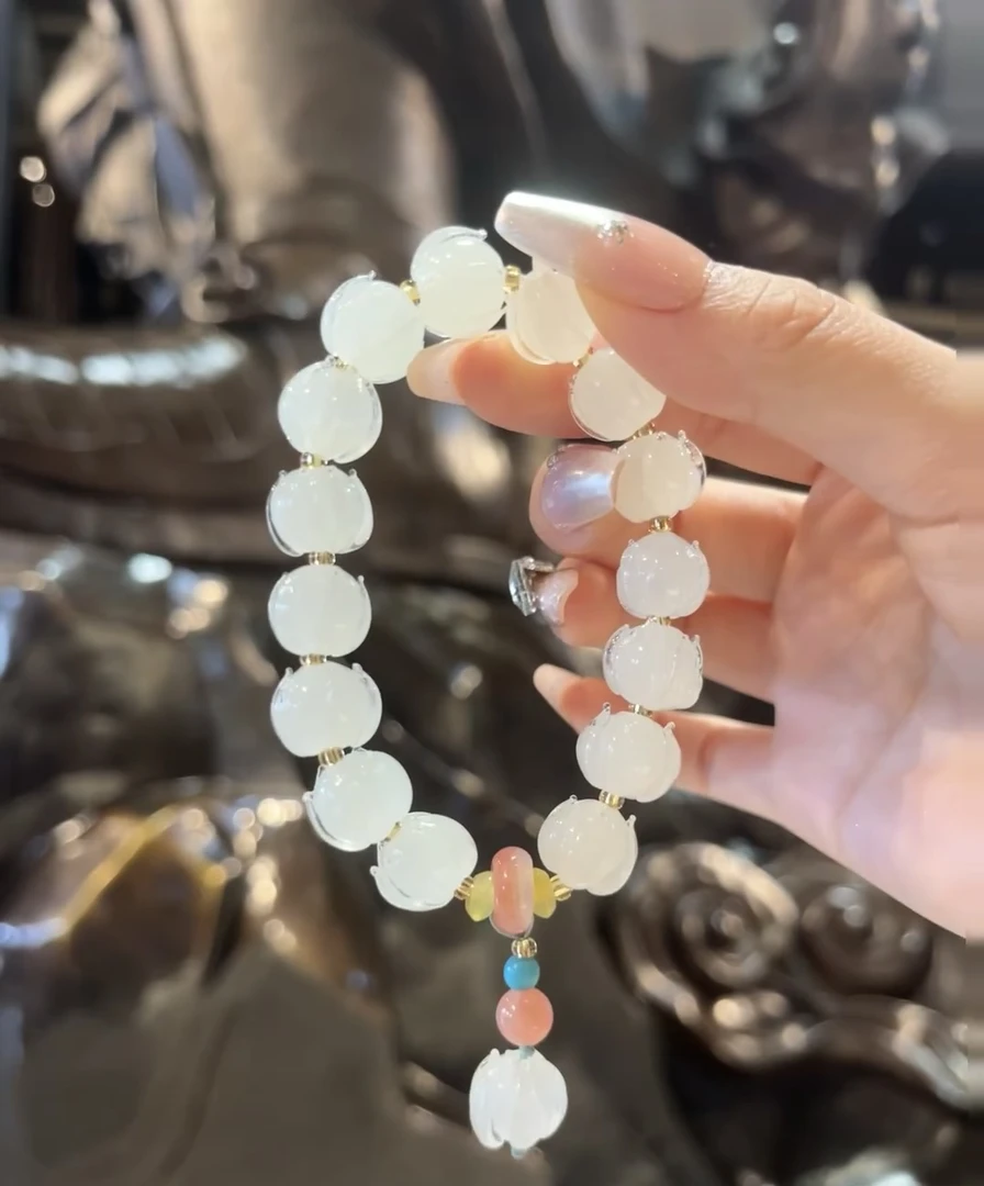 非金属仿水晶手链 白色琉璃莲花单圈手串 百搭