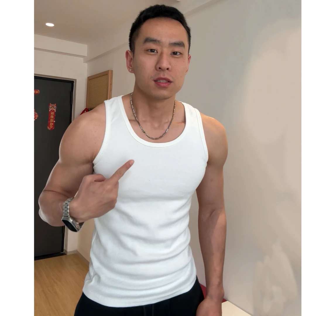 夏季美式运动背心嘻哈重磅棉粗螺纹紧身肌肉健身打底男士T恤潮