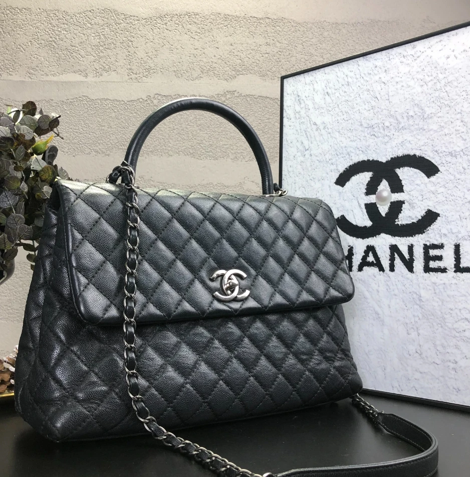 95新 Chanel/香奈儿 黑银鱼子酱coco handle大号单肩斜挎包 22开