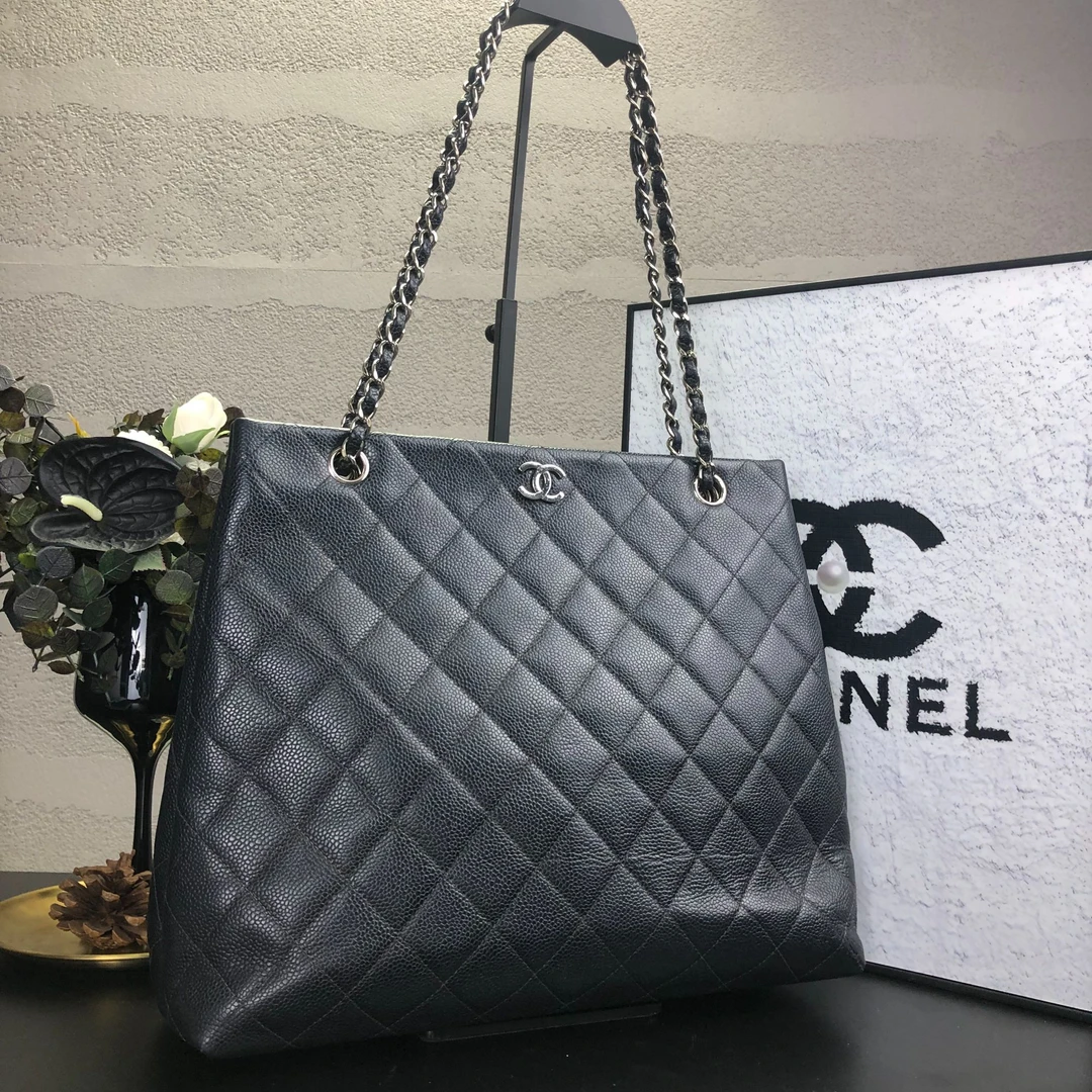 95新 Chanel/香奈儿 黑银鱼子酱菱格tote单肩包 6开带卡册底长32