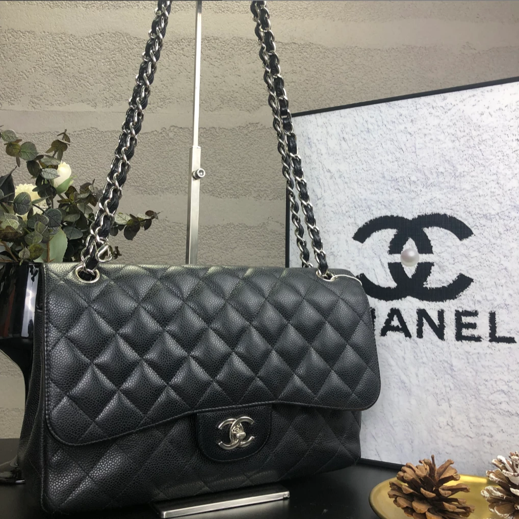 95新 Chanel/香奈儿 黑银鱼子酱CF Jumbo单肩斜挎包 底长30 19开