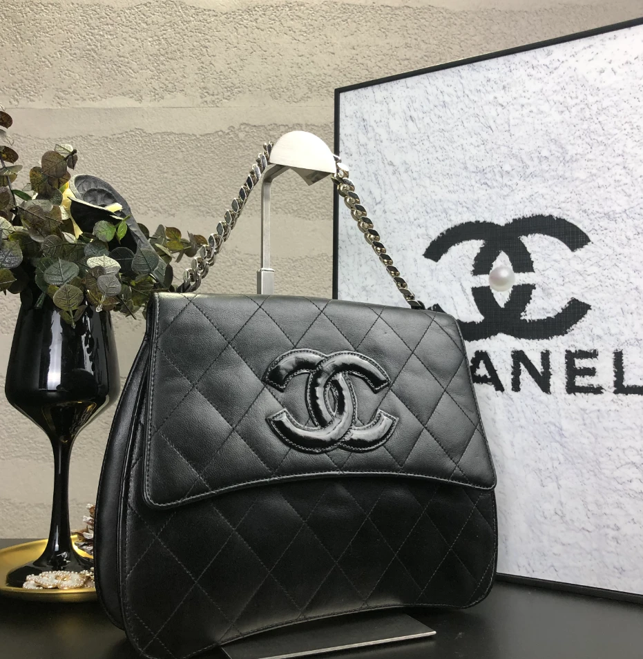 95新 Chanel/香奈儿 黑银大双c手提链条包 4开底长23