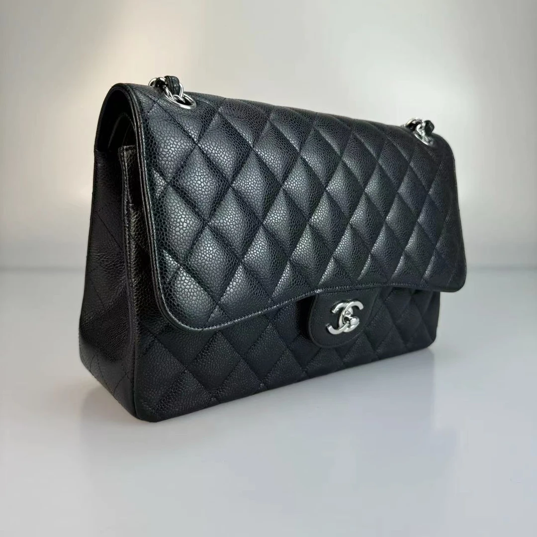 95新 Chanel/香奈儿 黑银荔枝纹jumbo斜挎包 底长30 芯片款