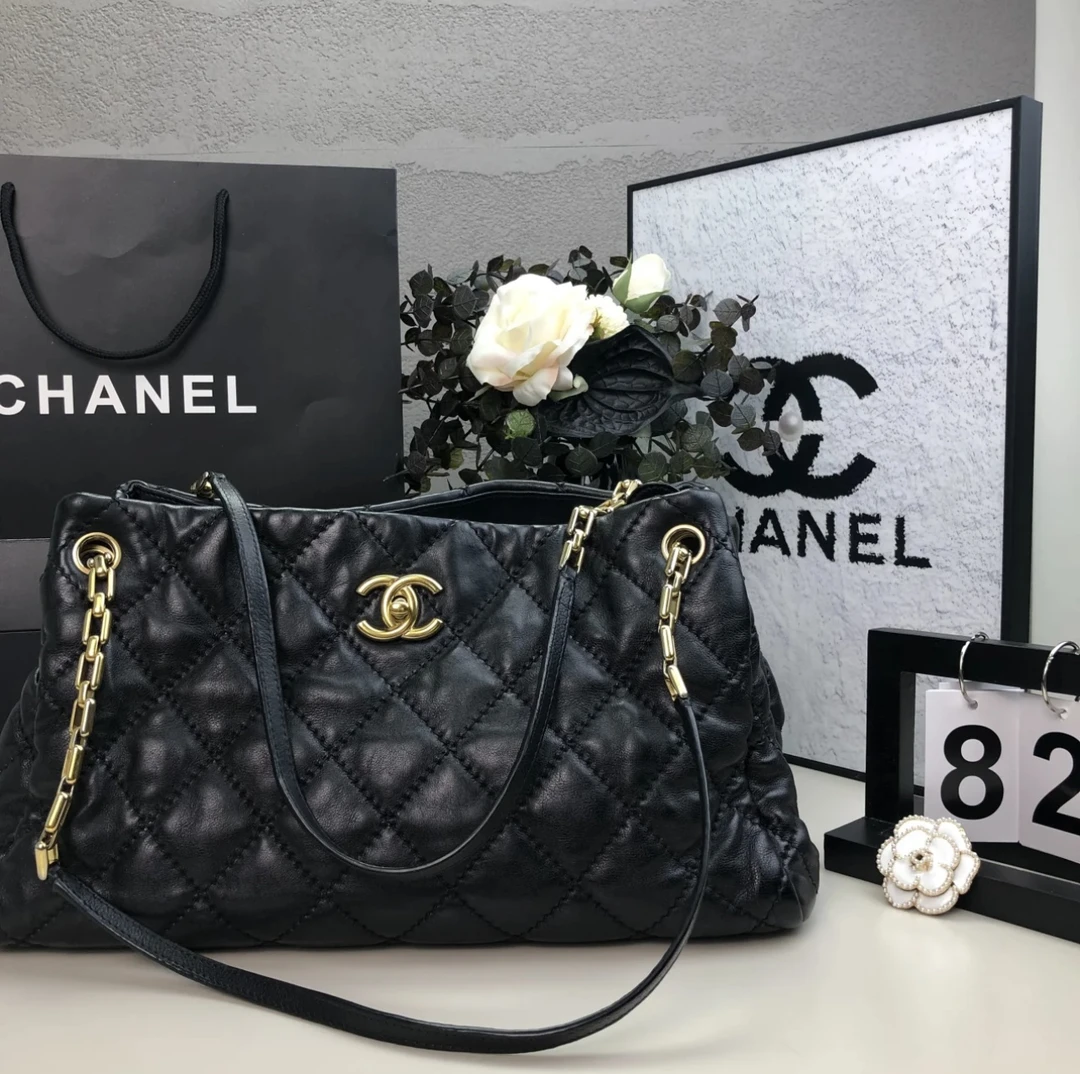 95新 Chanel/香奈儿 黑金菱格纹外缝线链条包 14开 底36