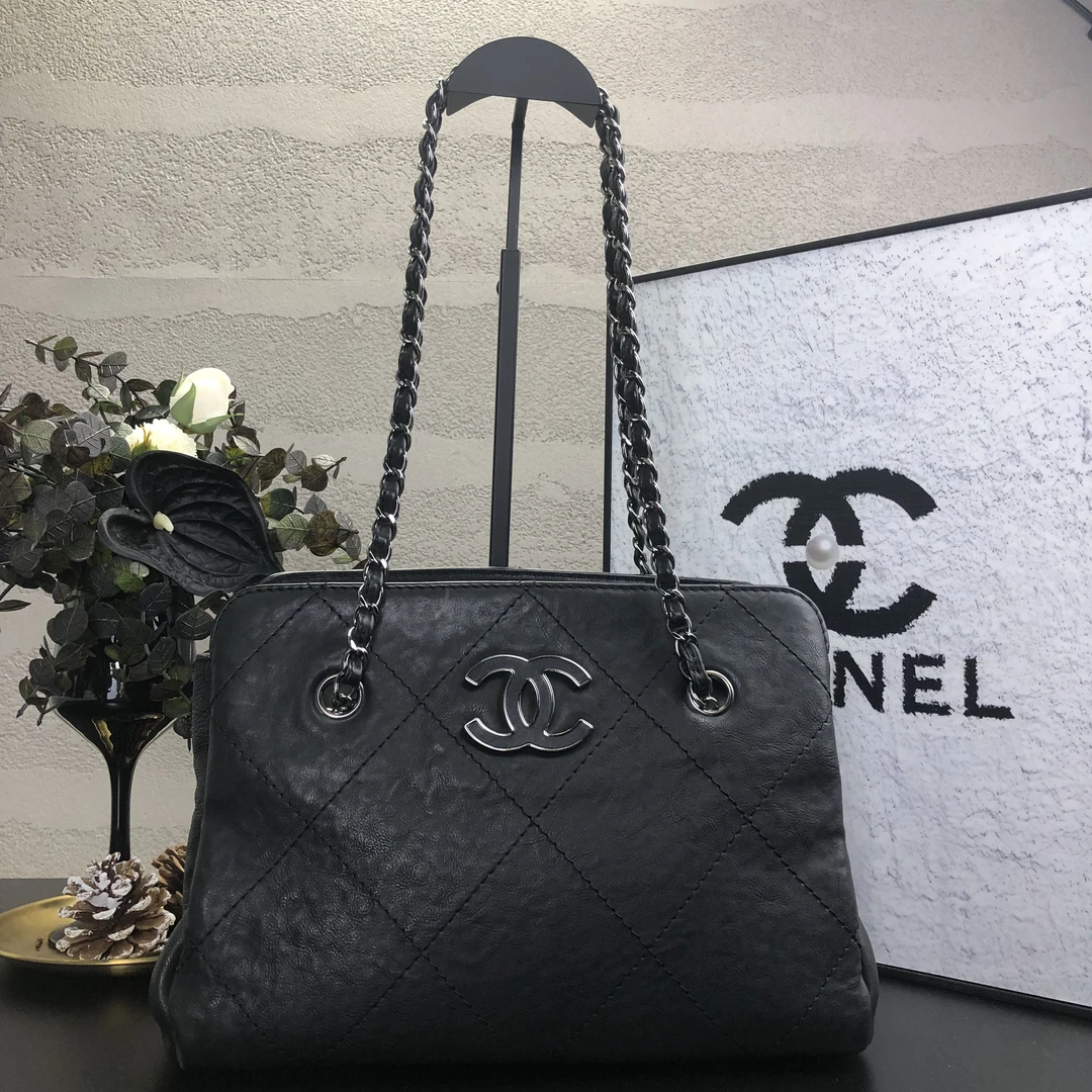 95新 Chanel/香奈儿 大双C黑银大棱格单肩腋下托特包 15开底长18