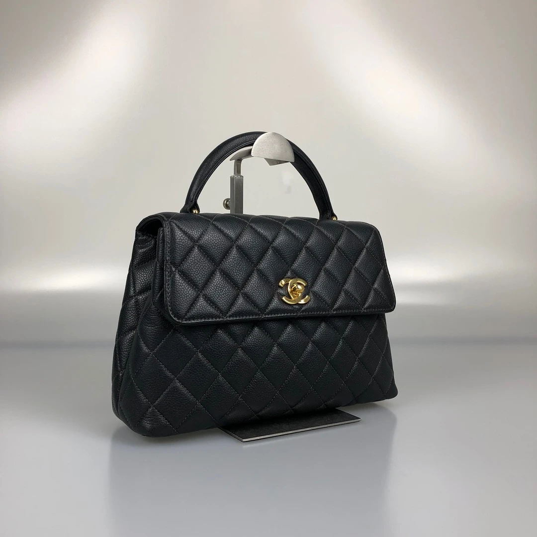 95新 Chanel/香奈儿 黑金鱼子酱菱格纹Kelly手提包4开带卡底25