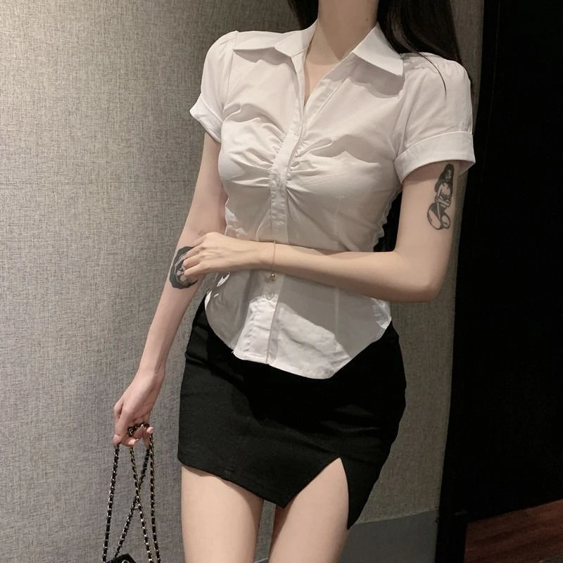 翻领薄款衬衫白色短袖别致上衣设计感小众不规则POLO衫衬衣