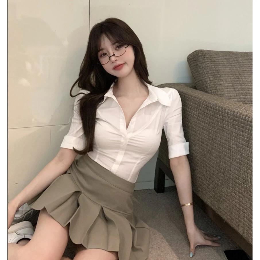 大码性感工作服女V领白色短袖衬衫甜美洋气网红直播