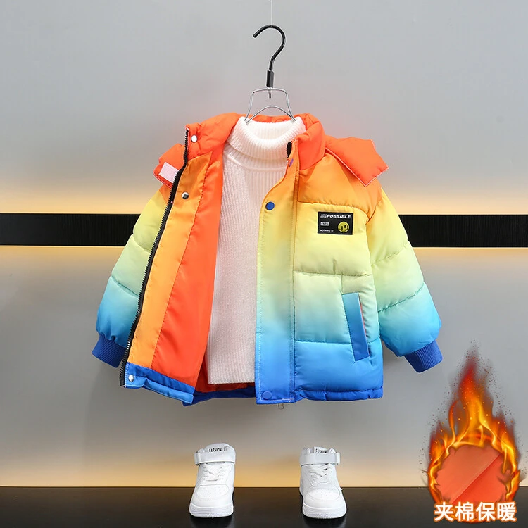 男童棉服冬季外套2022新款洋气宝宝冬装加厚连帽棉衣渐变彩虹棉袄