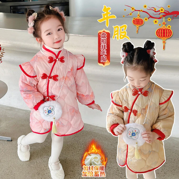 女童加绒连衣裙冬款服儿童新年装唐装中国风过年喜庆宝宝周岁礼服