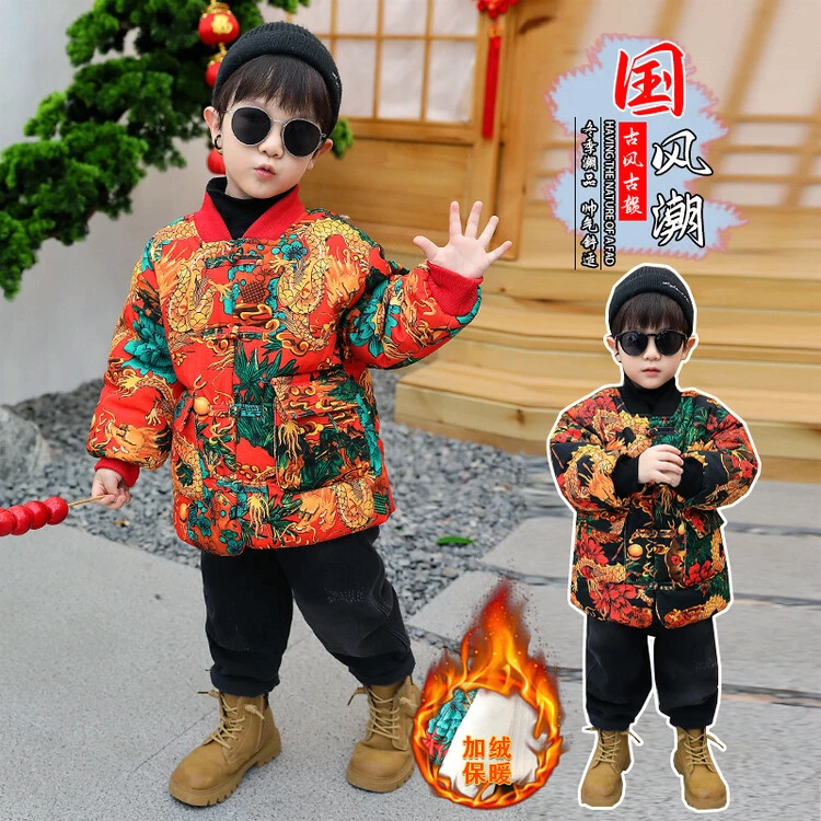 男童东北大花棉袄冬季棉衣冬季加绒校服神器男童厚外套中国龙宝宝