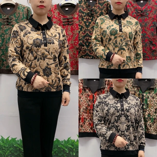 秋季新款翻领小扣长袖弹力妈妈衫1502