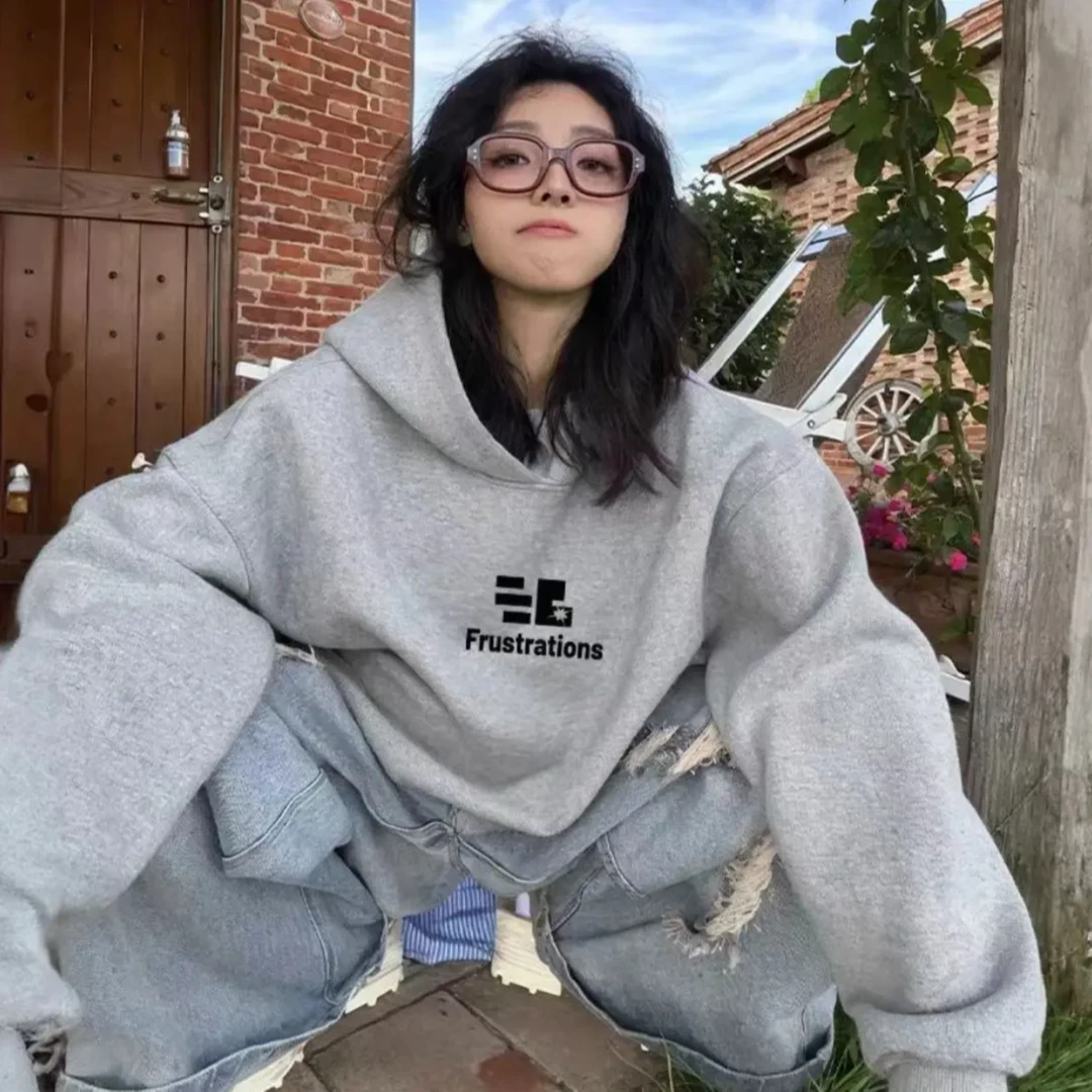 ANNA RICHI大码灰色卫衣女连帽外套秋宽松显瘦长袖韩系加厚绒上衣