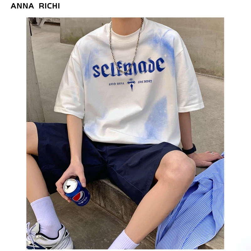 ANNA RICHI复古高街扎染字母印花短袖T恤男小众设计感街头上衣男